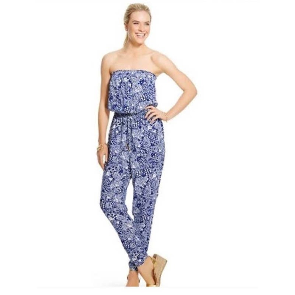 Lilly Pulitzer for Target Strapless Blue & White Printed Jumpsuit Large